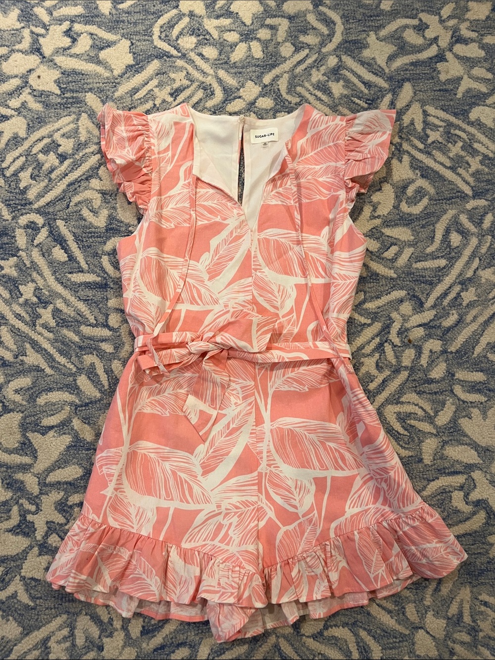 Sugarlips Pink Leaf-Print Romper with Back Closure